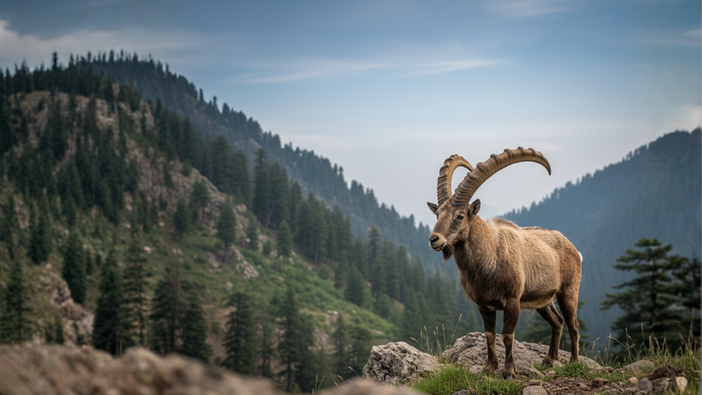 A Markhor, the national animal of Pakistan, standing on a rocky hillside in Khyber Pakhtunkhwa during soft morning light — captured in a photojournalistic style that highlights the region’s fragile biodiversity amid climate change.